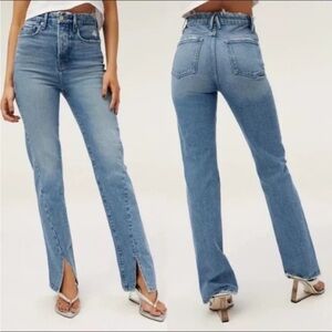 Good American Good Boy Twisted Slit Hem Straight Leg Jeans Hi-Waist Button Fly